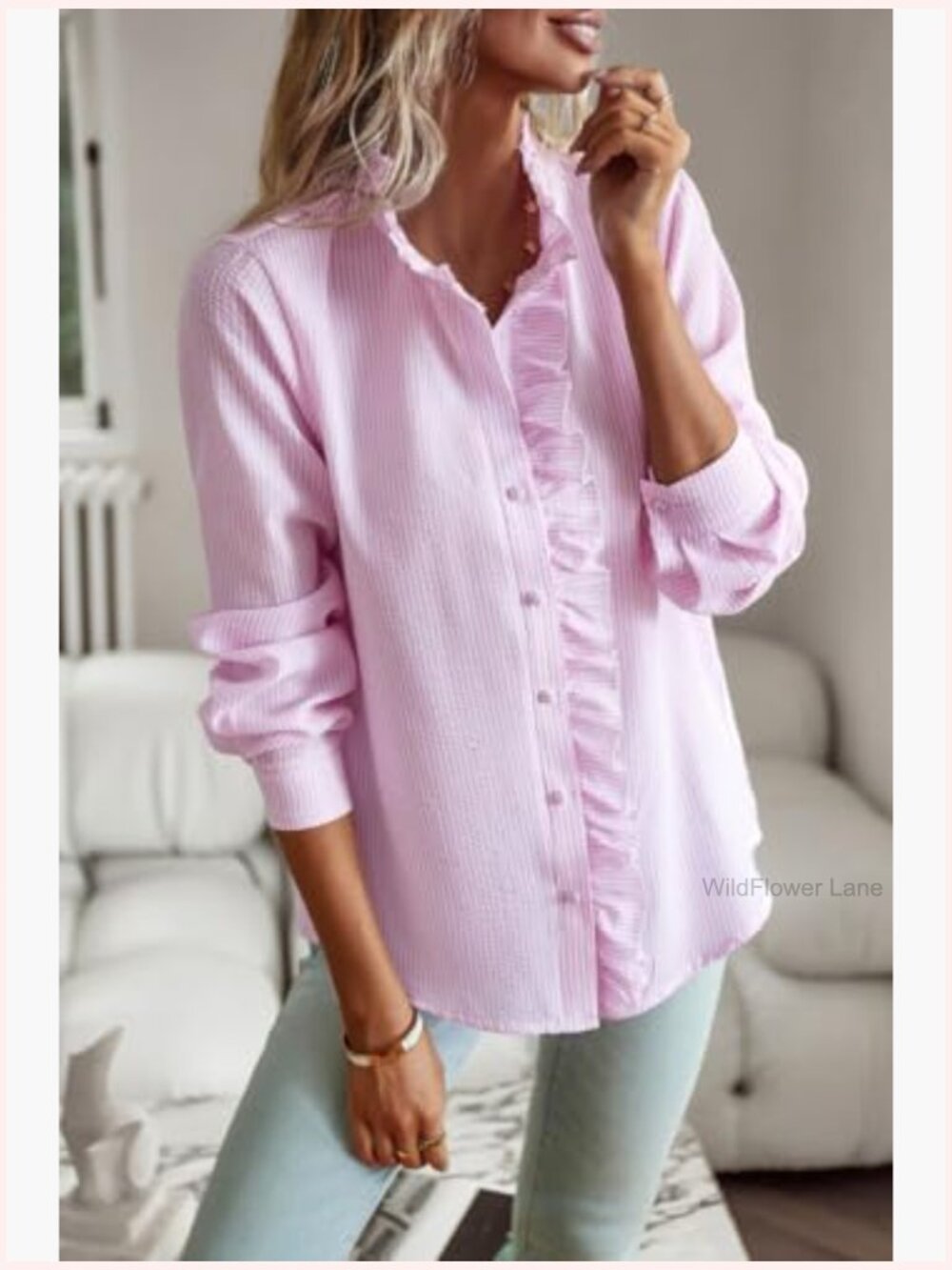 Ruffle Trim Button Up Long Sleeve Blouse Top Stand Collar Work Shirt - Picture 3 of 6